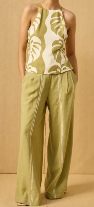 Mon Renn scenic pant olive size small wide leg pleated quiet luxury resort thumbnail 1