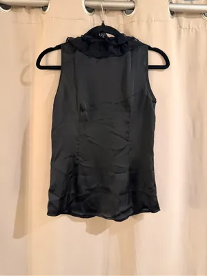 Spense Black Ruffle Satin Sleeveless Blouse thumbnail 2