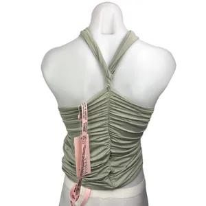 NEW Oh Polly Green Khaki Criss Cross Wrap Halter Ruched Blouse Tank Top Size 4 thumbnail 2