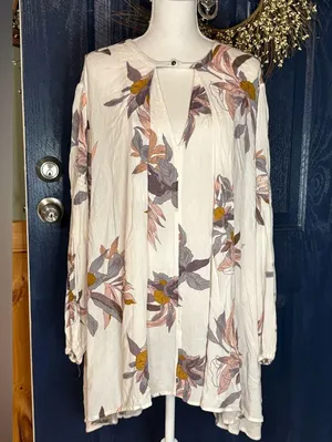 Free People Floral Print Tunic Top - Cream and Pink thumbnail 1