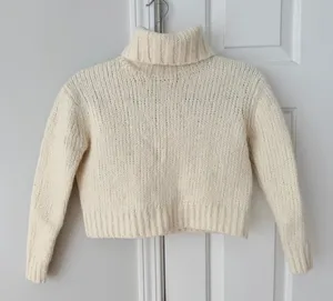 J.Crew Cream Turtleneck Cropped Sweater in Textured Wool Yarn, Size XXS thumbnail 1