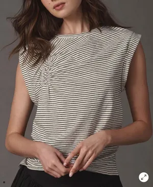 Anthropologie Pilcro Striped Ruched Sleeveless Top Ivory Black Cotton Small NWT thumbnail 1