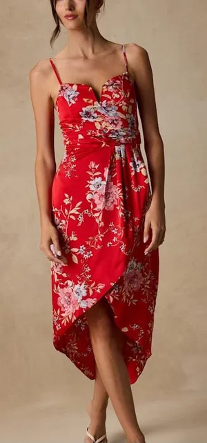 NWT Lulus Women’s My Favorite Day Red Floral Tulip Skirt Midi Dress Size S thumbnail 1