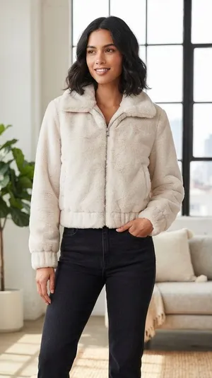 No Boundaries Women's Cream Teddy Zip Jacket thumbnail 1