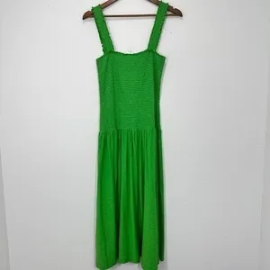 Nation LTD Bright Green Gabby Smocked‎ Midi 100% Pima Cotton Casual Tank Dress L thumbnail 5