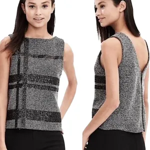 Banana Republic Shell Top Herringbone Grey Zipper Back Sequin Women's Size 2 thumbnail 2
