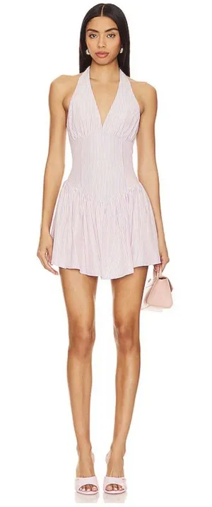 MORE TO COME Yolani Mini Dress XS NWOT Striped Halter Neck Pleated Skirt Revolve thumbnail 1