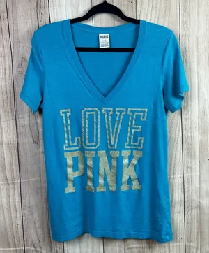 Vintage PINK Victoria's Secret Turquoise Tee with Gold Lettering thumbnail 1