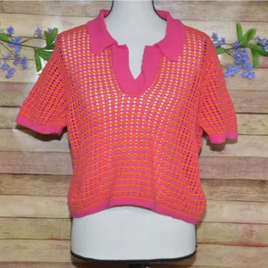Boutique Color Block Crochet V-neck Top by KARLIE Ladies L Crop Casual Cotton thumbnail 1
