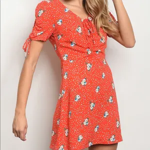 Red Floral Mini Dress Ruched Tie Front Lined Back Zip thumbnail 2