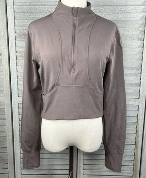 Women's Activewear Cropped Long Sleeve Ribbed Top Taupe-Large thumbnail 1