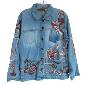 Erik‎ Stewart Vintage Denim Jacket Womens L Floral Embroidered Boho Size 2 thumbnail 1