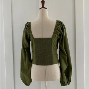 ABERCROMBIE & FITCH Puff Sleeve Pleated Bodice Ruched Crop Top in Green Size M thumbnail 5