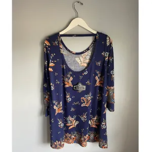 Angie Navy Blue Floral Bell Sleeve Tunic Dress Small Boho Ruffle Scoop Back thumbnail 6