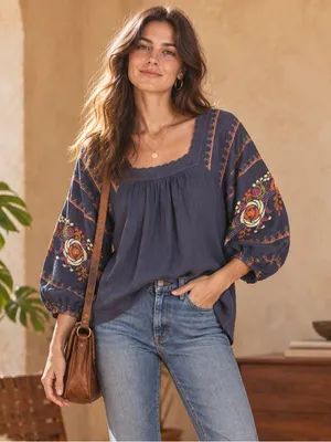 Entro Small Navy Embroidered Boho Peasant Blouse Balloon Sleeve Top Folk thumbnail 1