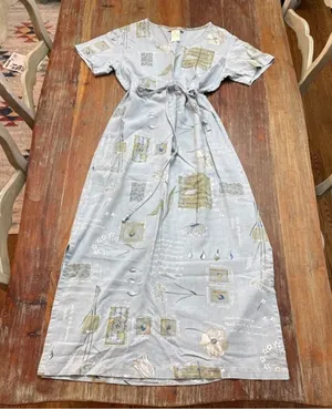 Sweet Jessie Tall Medium Linen Blend Botanical Script Maxi Dress Blue thumbnail 1