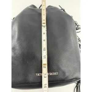 Victoria's Secret Black Pebbled Faux Leather Fringe Drawstring Bucket Bag Silver thumbnail 6