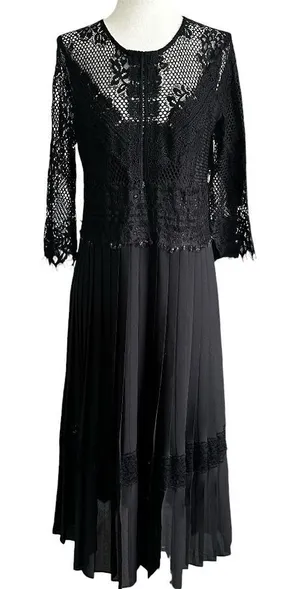 Zara Basic Black Lace Pleated Midi Dress Sz Large 3/4 Sleeves Sheer Back | 65-32 thumbnail 1