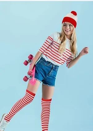 Red and white Beanie, Stripped Socks Costume for women Pompom Cuff beanie thumbnail 1
