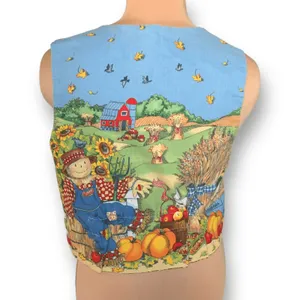 Vintage Handmade Reversible Vest Autumn Pumpkin‎ Scarecrow Farmhouse Blue Orange thumbnail 7