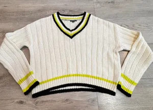 Wild Fable Womens Cream Knit V Neck Sweater Tennis Style Neon Stripe‎ Small S thumbnail 1