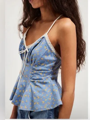 Free People XL Sammi Tank Top Blue Floral Peplum Babydoll Coquette Preppy thumbnail 2
