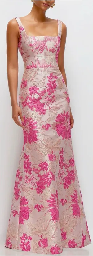 NEW Dessy Collection Hibiscus Pink Square Neck Trumpet Gown Sz 10 thumbnail 1