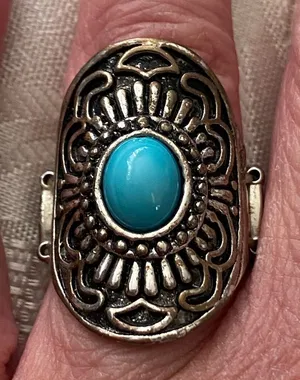 Womens Finger Ring Silver Tone Faux Turquoise Stone Metal Elastic Back Western thumbnail 1