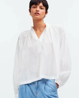 Madewell Shirred Long-Sleeve Top in Eyelet White Size Medium NWT thumbnail 1