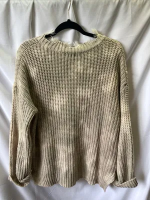 Main Strip Distressed V-Neck Chunky Sweater - Cream thumbnail 7
