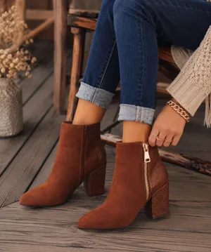 Western Brown Faux Croc Leather Suede Ankle Boots Booties Pointed Toe Block Heels Festival Concert Streetwear Casual Boho Gold Zipper Accents Sz 7.5 thumbnail 1