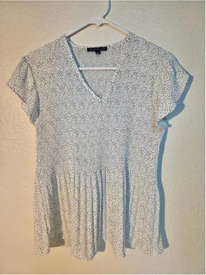 Adrianna Papell Women’s Small White Polka Dot Pleated Peplum Blouse Flutter Slee thumbnail 1