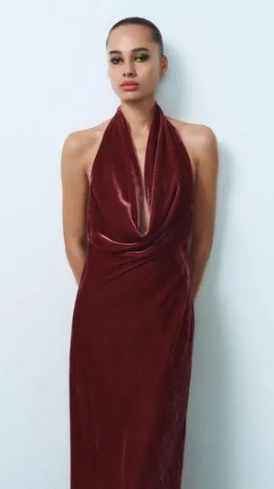 Zara maxi holiday dress velour Velvet Halter in Burgundy wedding party evening thumbnail 11