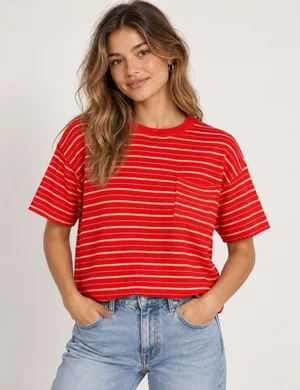 kerisma sweatet short sleeve shirt blousr striped orange ivory M/L thumbnail 1