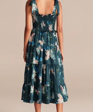 Rebecca Taylor Hydrangea Floral Smocked Tie Shoulder Midi Dress Large Cotton thumbnail 2