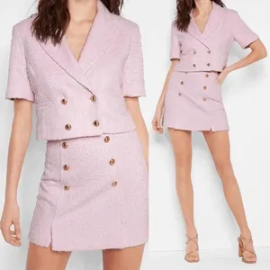 Express Pastel Spring Pink Tweed Double-Breasted Cropped‎ Blazer XS NWT thumbnail 10