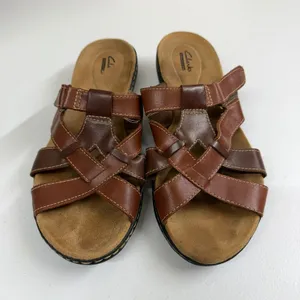 Clarks Collection Brown Leather Strappy Slide Sandals hook and loop summer 9.5 thumbnail 2