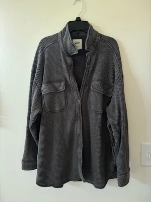 Aerie Women’s Lumberjane Waffle Knit Shacket Button-Up Shirt Dark Grey XS thumbnail 2