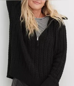 Aerie Cable Car Chenille Quarter Zip Chunky Black Knit Top thumbnail 1