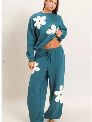 NEW Double Zero Teal Floral Appliqué Fleece Sweatshirt Jogger Set Medium thumbnail 9