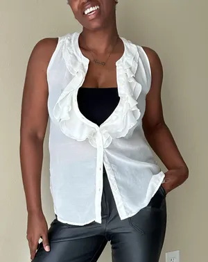 Ann Taylor Loft White Ruffle Button Down Tank Top Size Small thumbnail 1
