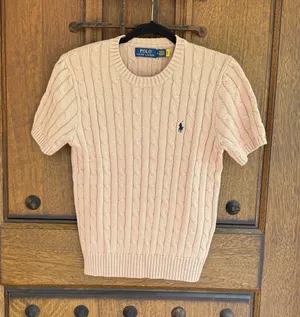 Polo Ralph Lauren Light Brown Cable Knit Short-Sleeve Crewneck Sweater Size M thumbnail 1