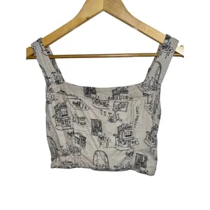 Abercrombie & Fitch Cream Paris Sketch Print Linen Tank Top Crop Top Size Small thumbnail 2