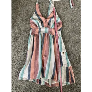 American Eagle Striped Halter Mini Dress Smocked Back Pockets M thumbnail 4