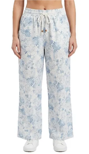 Beau Dawson Blue White Floral Linen Blend Wide Leg Tie Front Pants size L 10 12 thumbnail 1