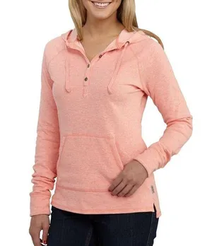 Women's Carhartt Fresh Peach Heather Pondera hooded Henley Shirt size medium thumbnail 1