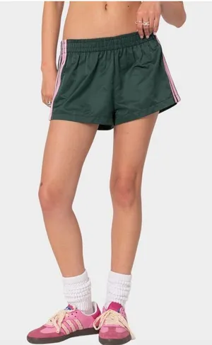 Edikted Nikki Nylon Shorts Dark Green Pink Side Stripe Y2K Athletic Size L thumbnail 1