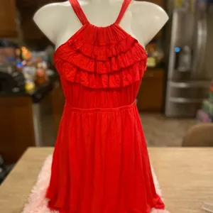 Ophelia Ruffle Tiered Halter Sundress Womens Medium Poppy Red Stretch Knit thumbnail 4