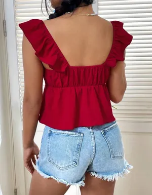Shein Red Ruffle Sleeve Tie Front Peplum Top thumbnail 2