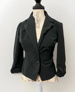 Vintage Y2K Black Blazer Jacket Fitted Ruched Sleeve Office Siren Goth Size 4 thumbnail 1